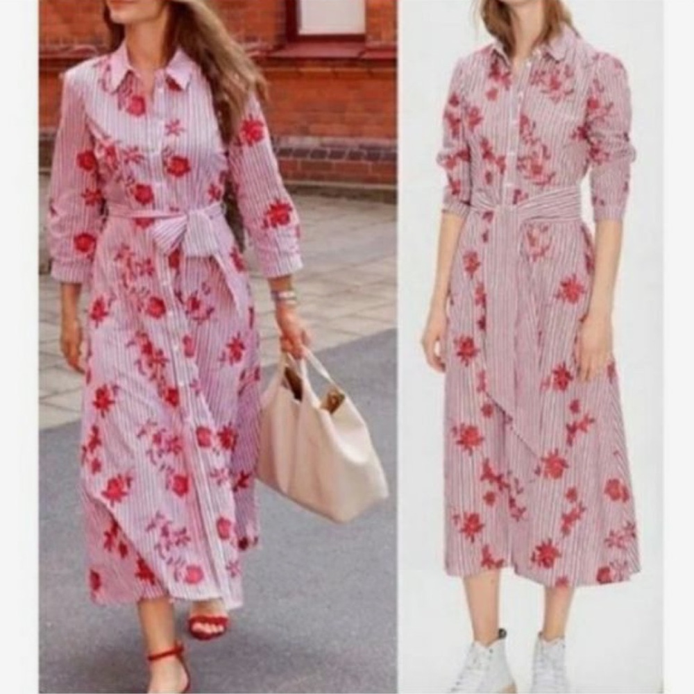 ZARA Red White Striped Floral Embroidered Midi Shirt Dress 3/4 Sleeve